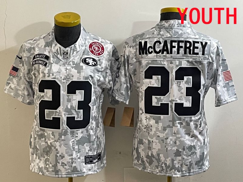 Youth San Francisco 49ers #23 Mccaffrey Nike Arctic Camo 2025 Salute to Service Limited NFL Jersey style 5->youth nfl jersey->Youth Jersey